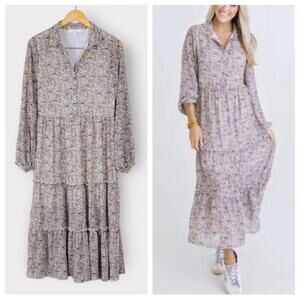 Karlie Vintage Floral Maxi Dress Long Sleeve Vneck Women’s Size Small